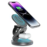 Qoosea 3 In 1 Wireless Ladegerät Faltbare Wireless Ladestation 360°Rotating Magnetische Reise Wireless Charger Kompatibel mit iPhone 16/15/14/13/12 Serie, für iWatch Serie, für AirPods 3/2/Pro