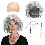 FUIPVGI Oma Kostüm Kittelschürze damen graues Oma Perücken Set mit Oma Perücke, Brille und Kette, Zubehör-Set, Oma-Perückenkappe für Halloween, Welttag des Buches, Maskerade, Karneval