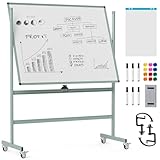 COSTWAY Doppelseitiges mobiles Whiteboard, 120 x 90 cm, höhenverstellbares magnetisches Whiteboard mit Rädern & Ständer, rollende Weißtafel inkl. Zubehör für Klassenzimmer Büro Hause