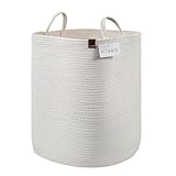 Wäschekorb Baumwolle Ø38x50 - ECONEST Aufbewahrungskorb Weiß rund & faltbar für Wäsche, Kleidung, Decken, Spielzeug