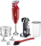 bamix Stabmixer Set M200 Chef's favorite inkl. Ständer, 1 Becher, 3 Aufsteckteile, Hacker, Reinigungsbürste, 200 Watt, Made in Switzerland, Rot Metallic/Chrom