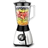 TurboTronic Standmixer mit 1,5L Glasbehälter 1200W Edelstahl silber, Smoothie Maker, Ice Crush Funktion, Blender