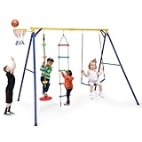 GOPLUS 4 in 1 Schaukelgestell Outdoor, Schaukelgerüst aus Metall bis 300kg belastbar, Schaukelständer mit Gürtelschaukel, Tellerschaukel, Kletterleiter & Basketballkorb für Kinder von 3–9