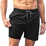 AI'MAGE Badehose Herren Lang Badeshorts Herren mit Innenslip Schwimmhose Männer Kurz Swimming Shorts Men Bademode Sommer, Schwarz, L