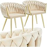 tectake® Samt Stuhl, Schalenstuhl mit Armlehne in Knoten Optik, Esszimmerstühle, Sessel modern für Wohnzimmer, Esszimmer, als Küchenstühle, für Schminktisch, Dining Chair Set - Sand/Gold, 2er Set