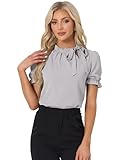 Allegra K Damen Bluse mit Schleife Schluppenbluse Festliche Blusen Kurzarm Panel Fliege Hals Rüschen Elegant Top Grau M