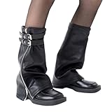 NPYQ Frauen Schwarze Beinärmel Mit Ösenriemen Und Reißverschluss Harajuku Y2K Mädchen Punk PU Leder Beinwärmer Ausgestellte Socken Beinabdeckungen