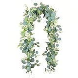 Eukalyptus Girlande, Künstliche Pflanze Girlande, 1,8m Hängend Eukalyptus Deko mit Weiße Blumen, Eukalyptusranke für Hintergrund, Hochzeit Bogen, Tischdeko