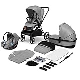 LIONELO Mika 3in1 Set Kinderwagen, Babywanne, Babyschale. Im Set Moskitonetz, Fußabdeckung, Regenschutz. Wartungsfreie Gummiräder. Leichte Konstruktion (GREY STONE)