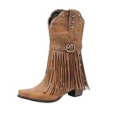 Cowboystiefel für Damen mit spitzer Zehenpartie niedrigem Blockabsatz elegante Westernstiefeletten mit Quastenverzierung