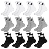 Xialvyu Tennis Sport Socken Kinder, 12 Paar Kinder Sportsocken, Bio-Baumwolle Crewsocks mit Frotteesohle, lässige Stretch Socken für Jungen Mädchen(6–8 Jahre alt Schwarz, Weiß und Grau)