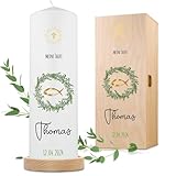 GRAVURZEILE Bedruckte Kerze - Taufkerze Kranz - brilliant bedruckte Kerze zur Taufe - Personalisiertes Taufgeschenk für Mädchen & Jungen - Hochwertige Stumpenkerze 250/80 mm - Fisch