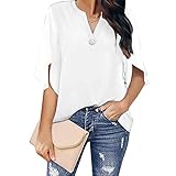 Damen Chiffon Bluse Tops Elegant Casual Locker 3/4 Geteilte Ärmel V-Ausschnitt Knopf Bluse Hemden Damen Work Party Temperament Hemden Tops Basic Locker Schmutzig Farbe Tunika, H-White, XL