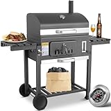 Grau Holzkohlegrill XXXL, BBQ Grillwagen Holzkohle, Kohlegrill Groß, Holzkohlegrill mit Deckel, Rädern, Thermometer und Schornstein, Smoker Grill mit Ablage, BBQ Grill für Camping und Garten