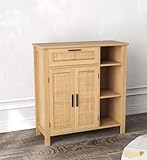KOMFOTTEU Sideboard mit 2 Türen aus Rattan, Buffet Anrichte mit Schublade, offenem Fächern, verstellbarem Regal, Kommode Beistellschrank aus Holz, Küchenschrank Standschrank 75 x 30 x 80cm