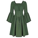 MNSWR Wunderkostüme Für Männer Cosplay Damen-Kleider in einfarbigen Trompetenärmeln mit Gürtel, mittelalterliches Kleid für Damen Stulpen Für Männer Mittelalterlich (Green, XXL)