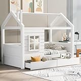 Hausbett Kinderbett Jugendbett 90*200 mit Rausfallschutz vielseitiges Holz Kinderbett für Jungen & Mädchen,Massivholz Kinder Bett mit Rausfallschutz Fenster und Lattenrost,Weiss(90*200 cm (Innenmaß))