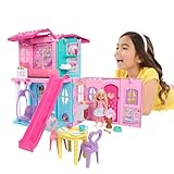 Barbie Chelsea Spielzeug-Puppenhaus mit über 15 Accessoires, das Pop-up-Haus erweitert Sich auf über 42 x 33 cm mit 5 Spielbereichen und Rutsche, mit Kleiner Puppe und Hund, JFW49