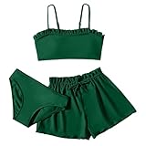 Bikini Set Mädchen Kinder 3 Stück Bikini Set Mädchen Teenager 3 teiliges Einfarbige Badeanzüge Rüschen Bikinioberteil mit Triangel Bikinihose und Shorts Mädchen Biniki Set