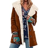 Lederjacke Damen Gefüttert Winterjacke Vintage Wintermantel Elegant Thermo Revers Bikerjacke Einfarbig Warm Teddyjacke Mit Knöpfen Ledermantel Frauen Innenfutter Fellkragen Mantel Mit Taschen