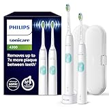 Philips Sonicare ProtectiveClean 4300 elektrische Zahnbürste, Schallzahnbürste mit zwei Intensitätsstufen, Drucksensor und Timer, Weiß, 2er-Pack, Modell HX6807/35