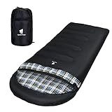 GEERTOP Schlafsack XXL 4 Jahreszeiten Flanell Campingschlafsack Übergröße 220x100cm für Erwachsene Outdoor Rucksackreisen, Wandern (Schwarz mit Blauem Karo)