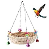 Vogelspielzeug für Papageien, Vogelnest für Papageien, Nestschaukel aus Stroh, handgewebt, natürlich, mit 4 Metallglocken, Schaukel für Vögel, Papagei
