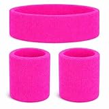 3 in 1 Schweißband pink Set mit Stirnband - als Accessoire Vokuhila Kostüm zu Retro neon 80er 90er Outfit Fasching & Karneval
