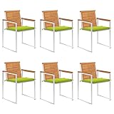 Gecheer Gartenstühle 6 STK. mit Kissen Massivholz Akazie, Gartenstuhl Metallrahmen, Stapelstuhl mit Armlehnen, Gartensessel Stuhl Gartenmöbel, Knallgrün