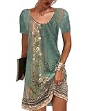 GRMLRPT Damen Kurzarm Rundhals Kleid Bohemian Blumen Sommerkleider MiniKleid Blumendruck Lose Tunika Freizeitkleid(Grün,L)