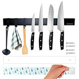 LEDINOR® Magnetleiste für Küchenmesser 40 cm schwarz + 3 Haken + Schrauben und Dübel mit Bohrschablone + Klebeband zur Befestigung ohne Bohren | Messerhalter einfache Befestigung