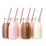 KWARE Glas-Milchflaschen mit Deckel, leer, 300 ml, Set mit 6 luftdichten Mini-Milchflaschen mit silberfarbenen Deckeln für Getränke, Flüssigkeiten und Dekor, Retro-Glas-Saftflaschen für Hochzeiten,