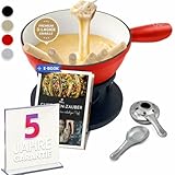 Ottia Fondue Set für 2, 3, 4, 5, 6 Personen aus Gusseisen & Emaille. Als Käsefondue, Fleischfondue, Schokofondue. Induktion geeignet, Schadstofffrei, mit Brenner+Gabeln+Rezeptbuch, Fondü-Set aus HH