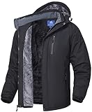 SPOSULEI Herren Winter Fleecejacke Warme Verdickt Gefüttert Skijacke Outdoor Winddicht Wasserdicht Jacke mit Abnehmbarer Kapuze für Wandern Schwarz L