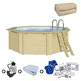 Holzpool Komplett-Set Achteck Schwimmbecken - Inkl. Massivholz Treppe Edelstahl Einbauleiter Filteranlage und Pumpe Poolvlies Innenhülle Breitmaulskimmer Trend Pool (4,70 x 4,70 x 1,24 m, Sandfarben)