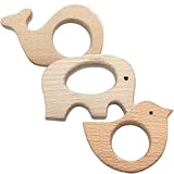 SIRLOMU Pack of 3 Baby Teething Ring Wooden Baby Wooden Figures, Natural Wooden Rings, Handmade Pendant Kit for DIY Jewellery, Crafts (Natural Wood)
