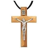 MaMeMi KREUZ-KETTE mit KRUZIFIX aus OLIVENHOLZ und EDELSTAHL [Anhänger ca. 5 x 3 cm] inkl. Stoffband – Handarbeit aus BETHLEHEM und dem HEILIGEN LAND