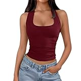 Damens Top aus Baumwolle U-Ausschnitt Trägershirt als Basic Crop Top für Sommer, Freizeit und Sport – Elegantes Oberteil in Uni(Weinrot,S)