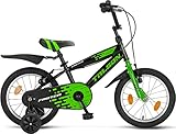 Talson 16 Zoll Kinderfahrrad inkl. Kettenschutz, Stützräder und Zubehör Jungen Fahrrad (Schwarz-Grün)