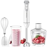 FRESKO 4-in-1 Stabmixer, 1000W Pürierstab Edelstahl, Stufenlose Geschwindigkeitssteuerung und Turbo, Inkl. 500ml Lebensmittelhacker und 700ml Messbecher, für Babynahrung, Suppen, Smoothies, Weiß