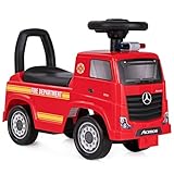 COSTWAY Mercedes Benz Rutschauto, Schiebeauto mit Stauraum & Musik & Hupe & Kippschutz, Kinder Rutscher Feuerwehrauto mit Warnlampe für Kinder ab 2 Jahren, Rot