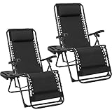Yaheetech 2er Set Sonnenliege Liegestuhl Klappbar Gartenliege mit Kopfkissen & Becherhalter Tragbare Relaxliege für Strand/Garten/Balkon, Schwarz