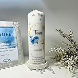 Personalisierte Taufkerze für Mädchen-Jungen mit individuellem Taufspruch, gestaltet in Korallenblau mit goldenem Regenbogen- und Wal-Fisch.Das ideale Geschenk zur Taufe, Maße: 25 x 8 cm.