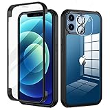 seacosmo iPhone 12 Hülle mit Eingebauter Gehärtetem Glas Displayschutz und Kamera Schutzfolie [9H HD], 360 Grad Ganzkörper Stoßfeste iPhone 12 Handyhülle- Schwarz