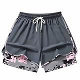 UHouse Kurze Sporthose Damen Laufshorts 2 In 1 Laufhose mit Taschen Gym Sportshorts Sommer Trainingsshorts Sport Shorts Schnelltrocknend Running Hose Kurz Tennishose Radlerhose Dunkelgrau XXL