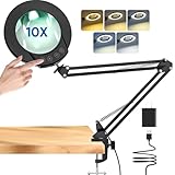 mandland 10X Lupe mit Licht und Klemme, beleuchtete Lupe aus echtem Glas mit 5 Farbmodi und stufenloser Dimmbarkeit, freihändige Schreibtischlampe für Hobbys, Basteln, Lesen und Naharbeit (schwarz)