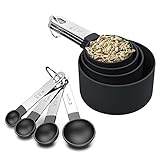 Renohef 8 teiliges Set, Kunststoff Messbecher und löffel mit Edelstahlgriff, Messwerkzeug für Flüssigkeiten und Feststoffe, zum Kochen von Küchen (schwarz)