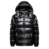 Earnmore Warme Daunenjacken für Herren, einfarbig, Winterjacke, Schnee-Daunenjacken, Kapuzenreißverschluss, Metall, glänzender Windbreaker, Schwarz, M