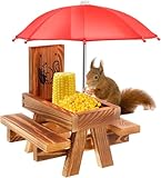Eichhörnchen Futterhaus Wetterfest mit Regenschirm,Eichhörnchenfutterhaus für draußen Lustiger Picknicktisch mit Solider Struktur Chipmunk Futterhaus mit Maiskolbenhalterung,21×18×18 cm