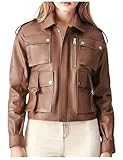 MERCH ATTIRE Hochwertige Damen-Bomberjacke aus Leder mit mehreren Taschen in sattem Braun, Sattes Braun – Kunstleder, M